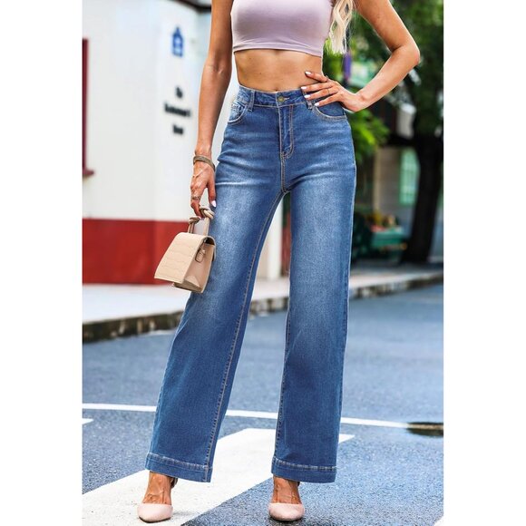 Plus Size Wide Leg Jeans Women Stretchy Baggy Distressed Denim Casual - Picture 2 of 5